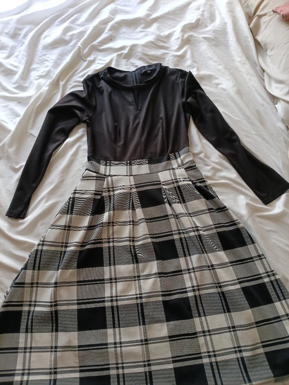 Plaid, midi black dress